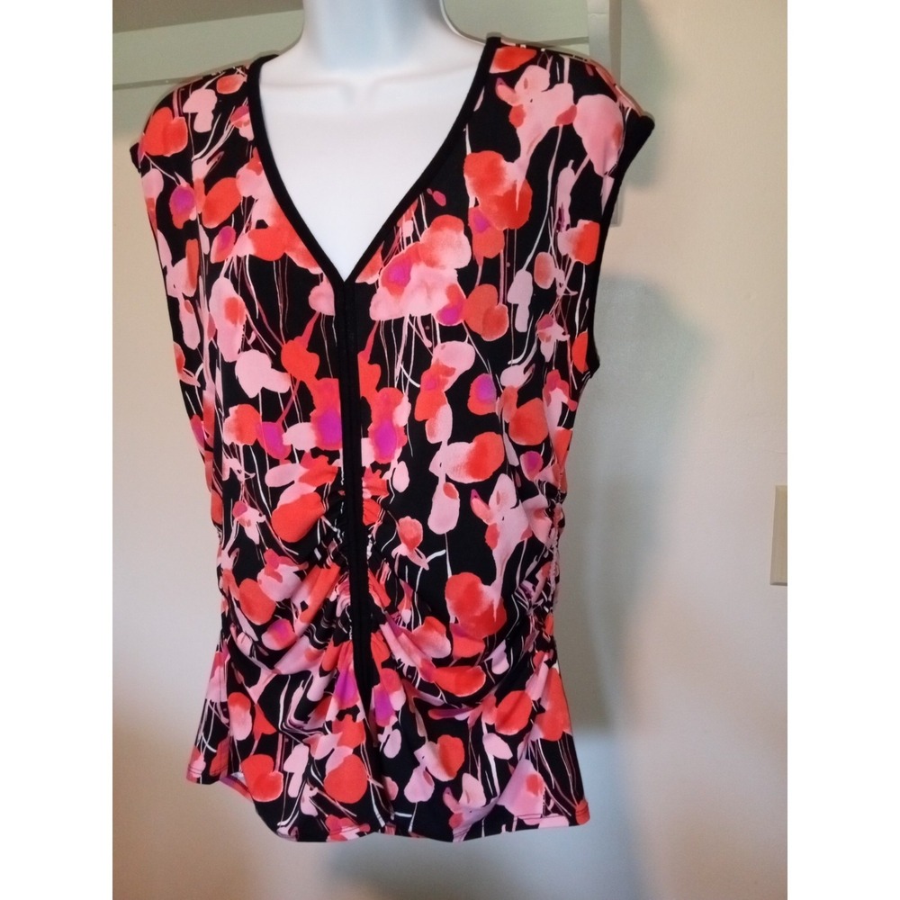 Chaus New York Womens Large Floral V-Neck Ruched Sleeveless Blouse Black Pink